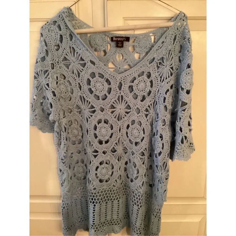 Roamans Open Knit Crochet Top Sz M 14/16 Blue 3/4 Sleeve